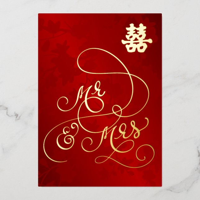 Chinesisch Hochzeit Mr. and Mrs. Folieneinladung (Vorderseite)