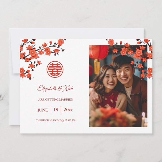 Chinesisch Hochzeit Red Cherry Blossom White Save The Date (Vorderseite)