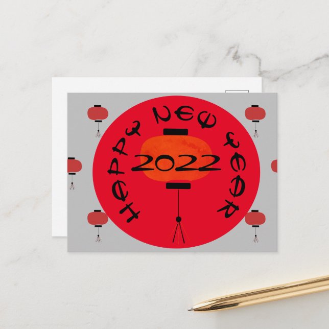 Chinesisch Neujahr Laternenrot Grau Postkarte (Vorderseite/Rückseite Beispiel)