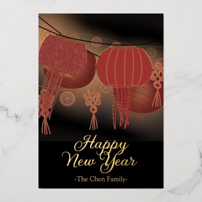 Chinesisch Neujahr Red Gold Lantern Folieneinladung (Vorderseite)