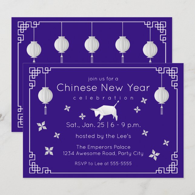 Chinesisch New Year Origami Ox, lila Einladung (Vorne/Hinten)