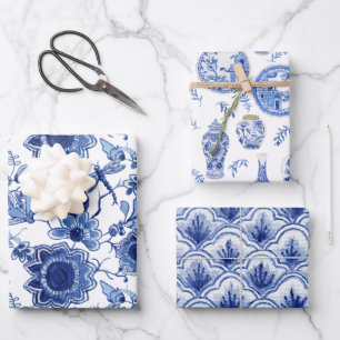 Chinesisch Vintag Blau und Weiß Chinoiserie Blumen Geschenkpapier Set