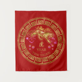 Chinesisch Zodiac Tiger Red/Gold ID542 Wandteppich