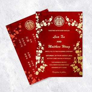 Chinesisch Zweisprachig   Goldene Rote Blumige Hoc Folieneinladung