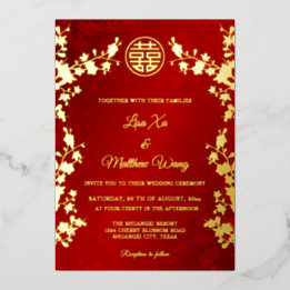 Chinesisch zweisprachig | Red Cherry Blossom Weddi Folieneinladung