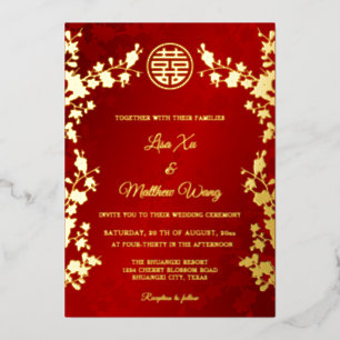 Chinesisch zweisprachig Red Cherry Blossom Weddi Folieneinladung