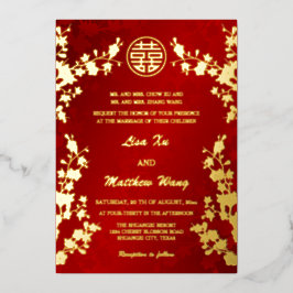 Chinesisch zweisprachig | Red Cherry Blossom Weddi Folieneinladung