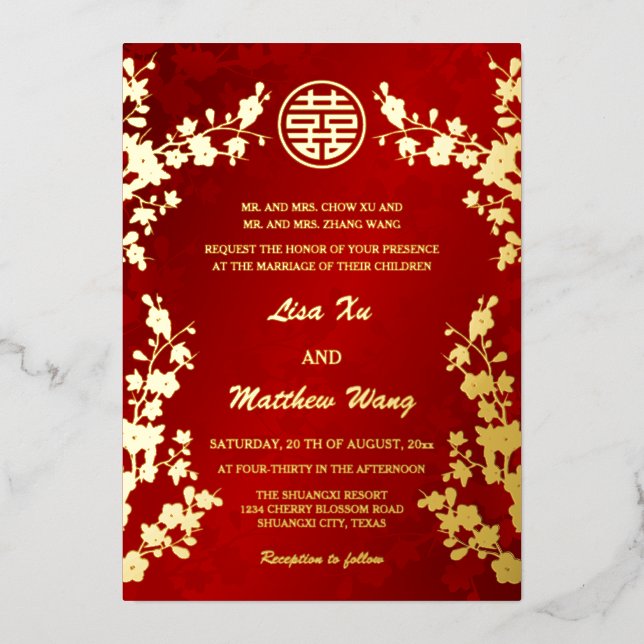 Chinesisch zweisprachig | Red Cherry Blossom Weddi Folieneinladung (Vorderseite)