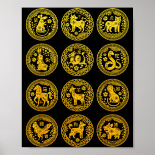 Chinesische 12 Tiere Sternzeichen Glückliches Luna Poster