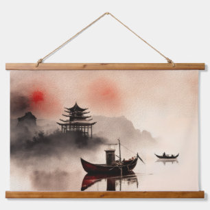 Chinesische Aquarellmalerei von Fischerbooten  Wandteppich Mit Holzrahmen