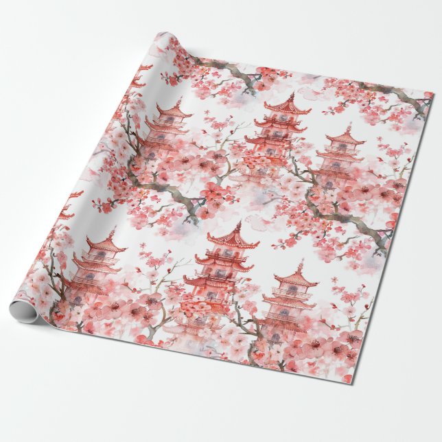 Chinesische Aquarellpagode mit Kirschblüten (3) Geschenkpapier (Ungerollt)