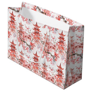 Chinesische Aquarellpagode mit Kirschblüten (3) Große Geschenktüte