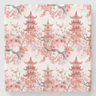Chinesische Aquarellpagode mit Kirschblüten (3) Steinuntersetzer