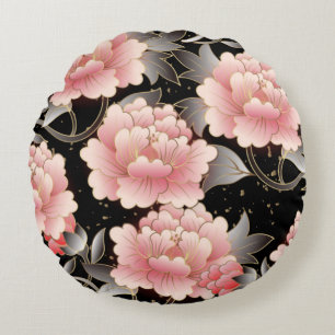 Chinesische Blume mit elegantem Schwarz/Rosa Rundk Rundes Kissen