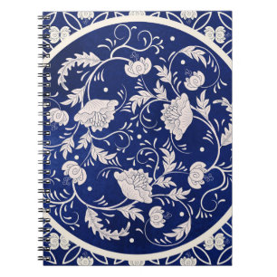 Chinesische Blumenrunde: Vintages blaues Wasser Notizblock