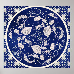 Chinesische Blumenrunde: Vintages blaues Wasser Poster