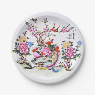Chinesische Blütenvögel Weiße Chinoiserie Pappteller