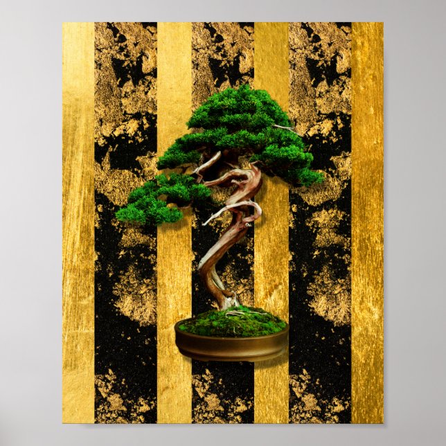 Chinesische Bonsai Tree Green Gold Black Print Poster (Vorne)