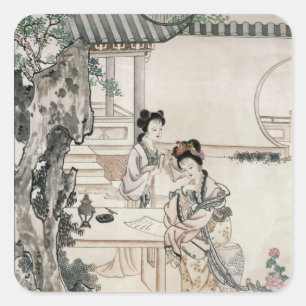 Chinesische Damen in einem Garten Quadratischer Aufkleber