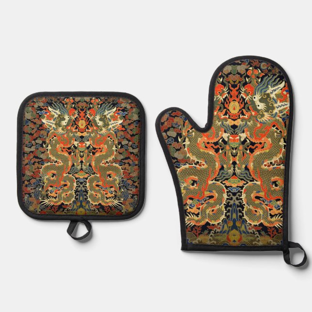 Chinesische Drachenkunst Ofenhandschuh & Topflappen-Set (Vorderseite)
