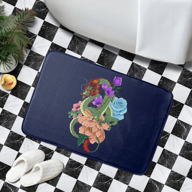 Chinesische Dragon Navy Blue Blumen Badematte (Von Creator hochgeladen)
