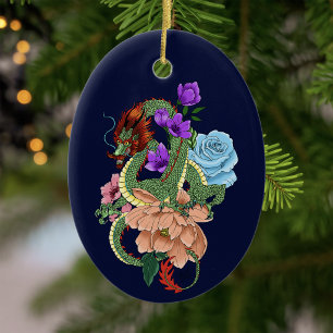 Chinesische Dragon Navy Blue Blumen Keramik Ornament