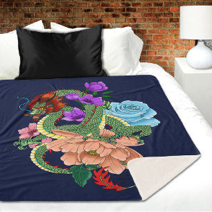 Chinesische Dragon Navy Blue Blumen Sherpadecke