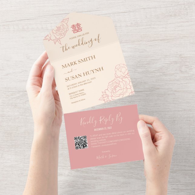 Chinesische Elegante Peony All in One Wedding Einl Einladung (Abreißen)