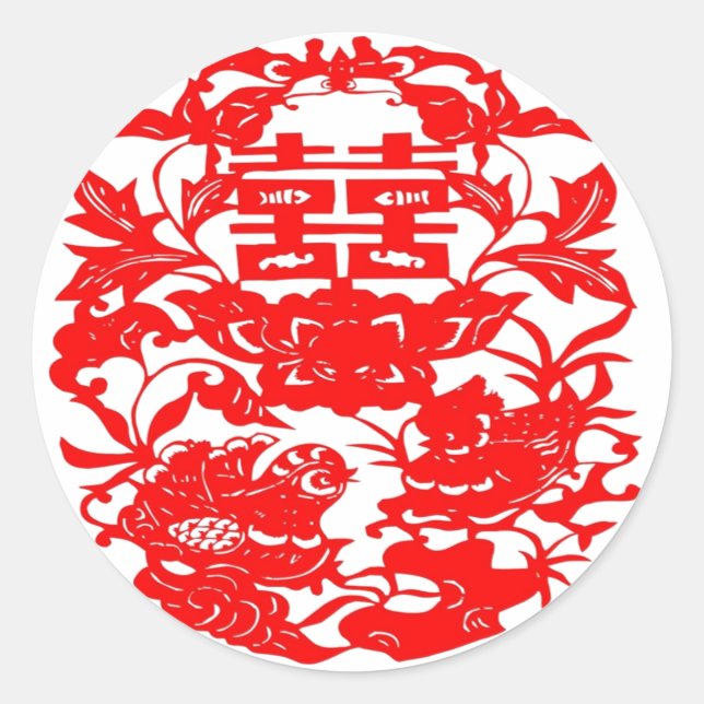 Chinesische Folk Double Happiness Love Birds Runder Aufkleber (Vorderseite)
