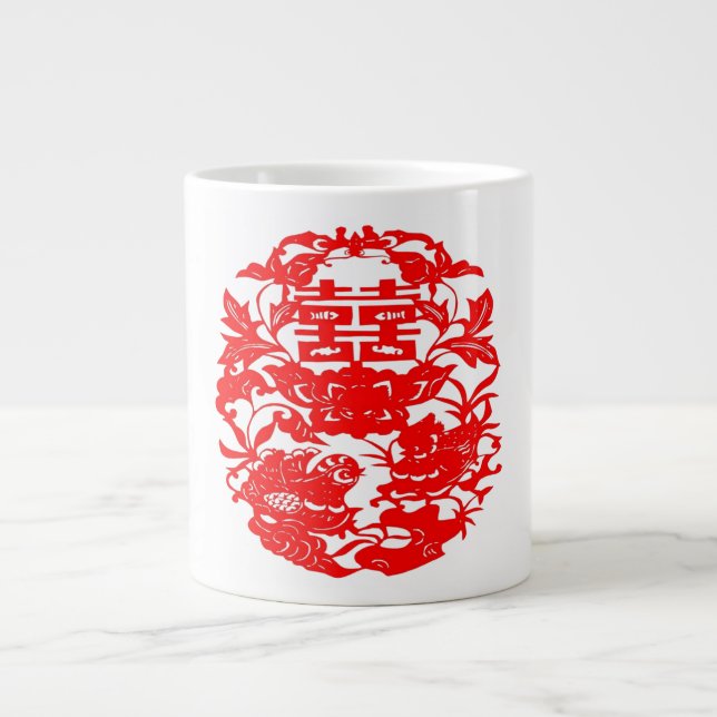 Chinesische Folkkunst Doppelglückliche Vögel liebe Jumbo-Tasse (Vorderseite)