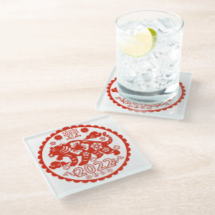 Chinesische Folkkunst Papercutting Tiger Glasuntersetzer