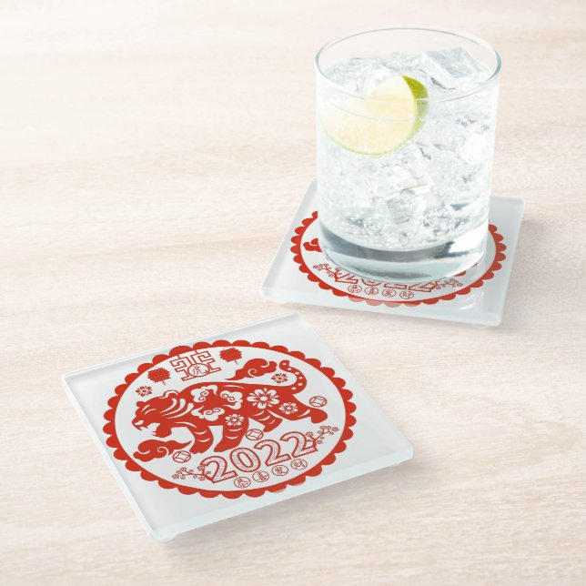 Chinesische Folkkunst Papercutting Tiger Glasuntersetzer (Schrägansicht)