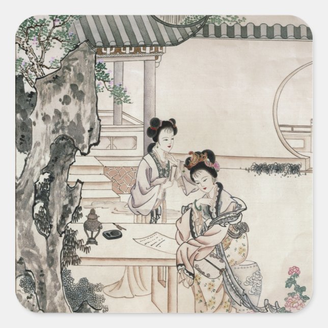 Chinesische Frauen im Garten Quadratischer Aufkleber (Vorderseite)