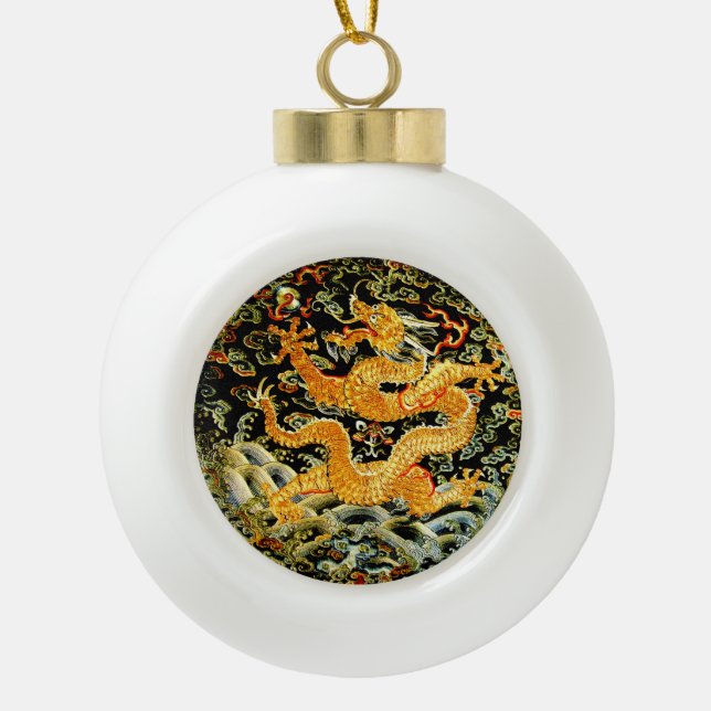 Chinesische gestickter goldener Drache des Keramik Kugel-Ornament (Vorderseite)