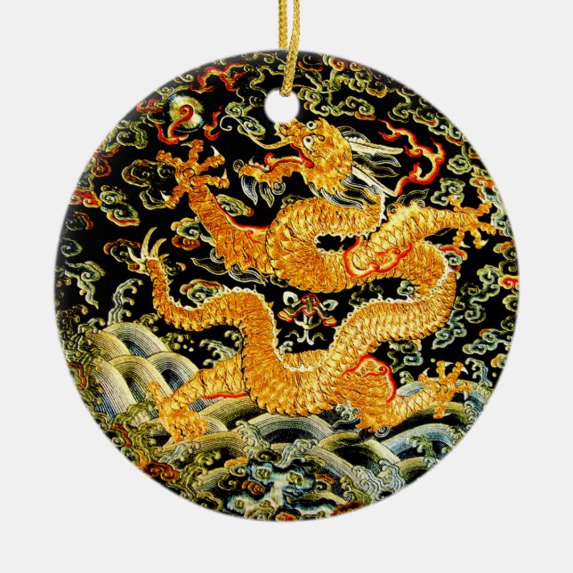 Chinesische gestickter goldener Drache des Keramik Ornament (Vorne)