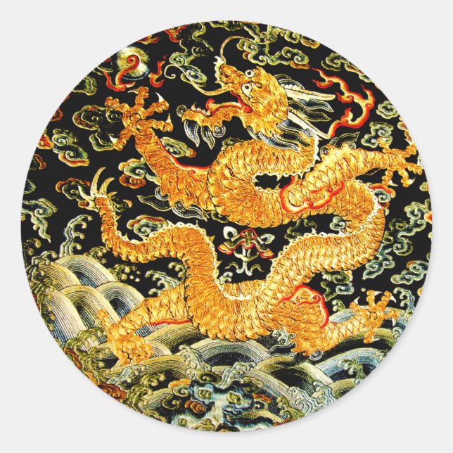 Chinesische gestickter goldener Drache des Runder Aufkleber (Vorderseite)