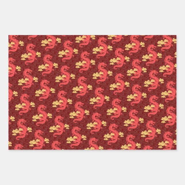Chinesische Goldene Drachen Neujahr Luxus oriental Geschenkpapier Set (Vorderseite)