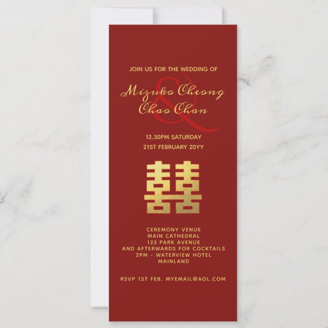 Chinesische Hochzeit doppeltes Glück Ampere und Einladung (Rückseite)