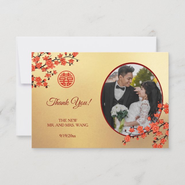 Chinesische Hochzeit doppeltes Glück Cherry Blosso Dankeskarte (Vorderseite)