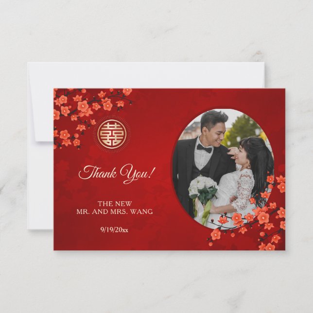 Chinesische Hochzeit doppeltes Glück Cherry Blosso Dankeskarte (Vorderseite)