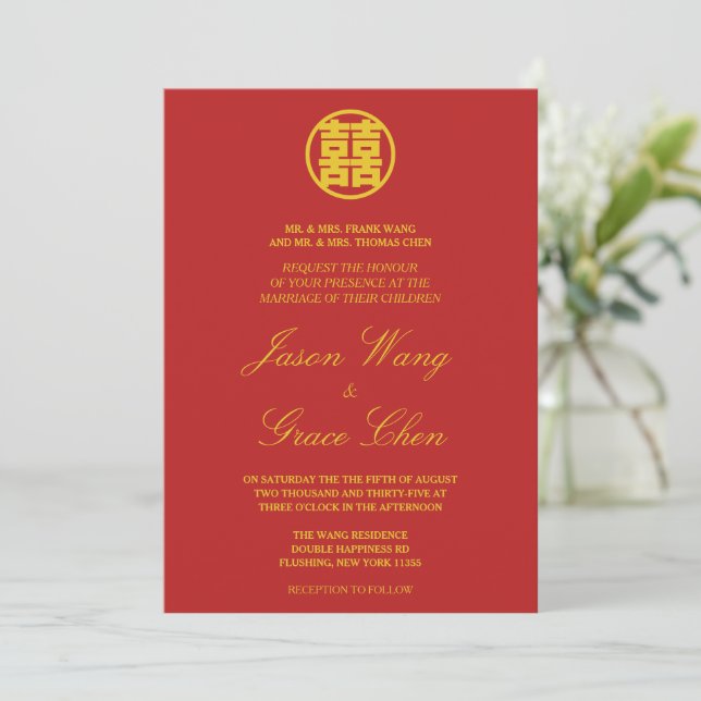 Chinesische Hochzeit & Empfang Doppelglücklichkeit Einladung (Stehend Vorderseite)