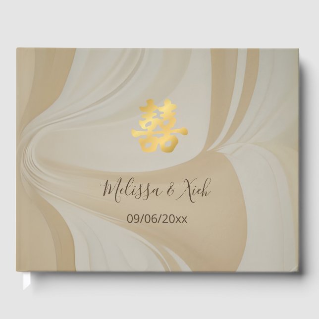 Chinesische Hochzeit in Beige Abstrakt Art Gästebuch (Vorderseite)