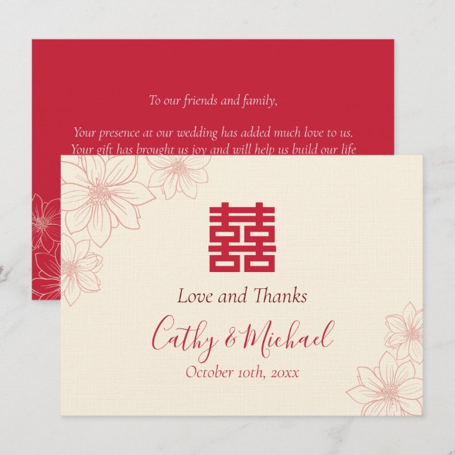 Chinesische Hochzeit in beige und roter Farbe Dankeskarte (Vorne/Hinten)