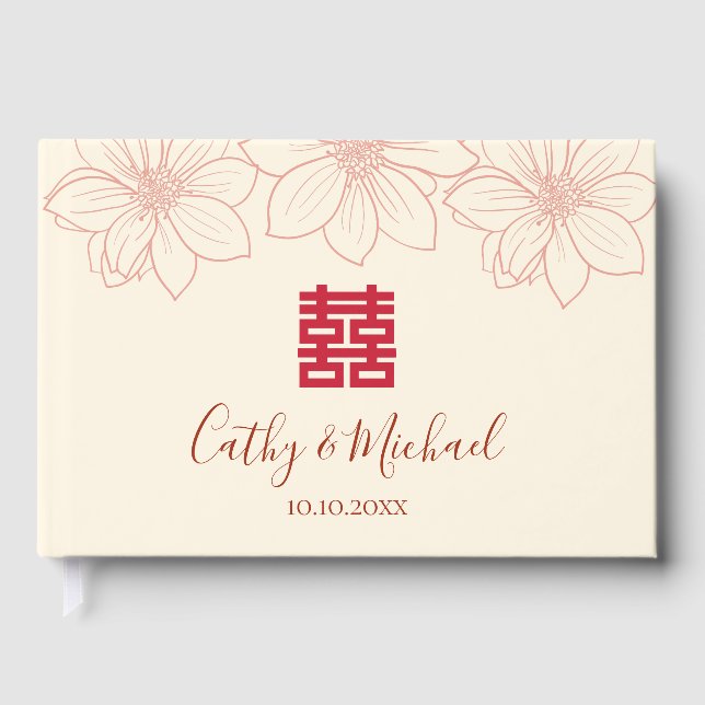 Chinesische Hochzeit in beige und roter Farbe Gästebuch (Vorderseite)