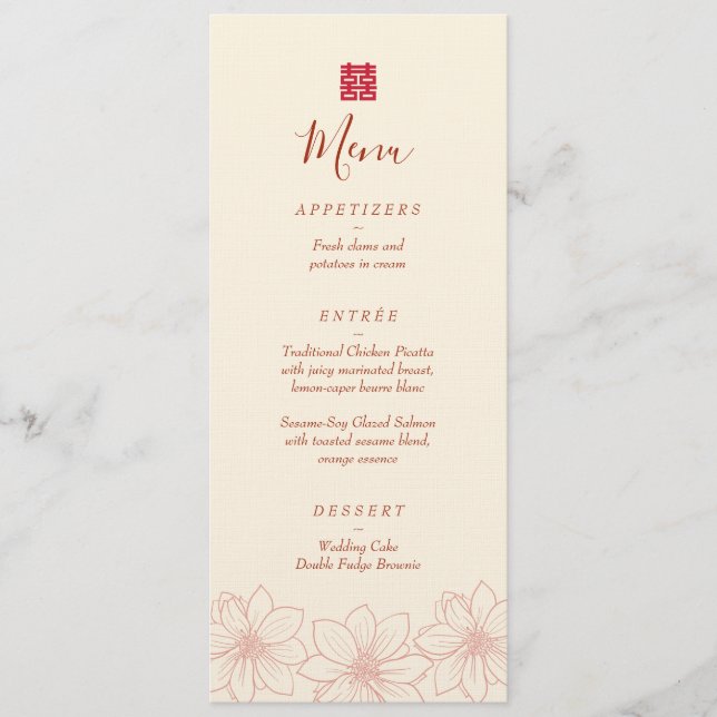 Chinesische Hochzeit in beige und roter Farbe Menükarte (Vorderseite)