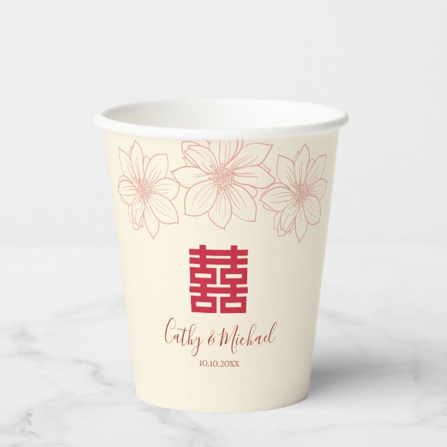Chinesische Hochzeit in beige und roter Farbe Pappbecher (Vorderseite)