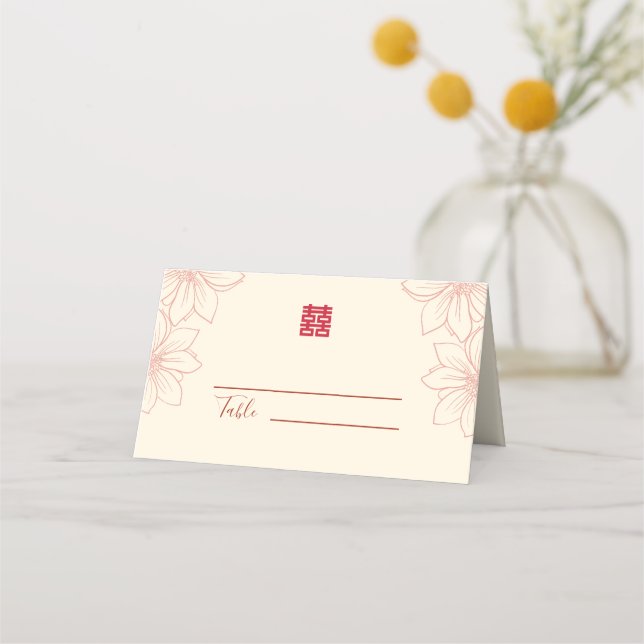 Chinesische Hochzeit in beige und roter Farbe Platzkarte (Vorderseite)