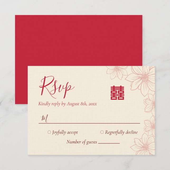 Chinesische Hochzeit in beige und roter Farbe RSVP Karte (Vorne/Hinten)