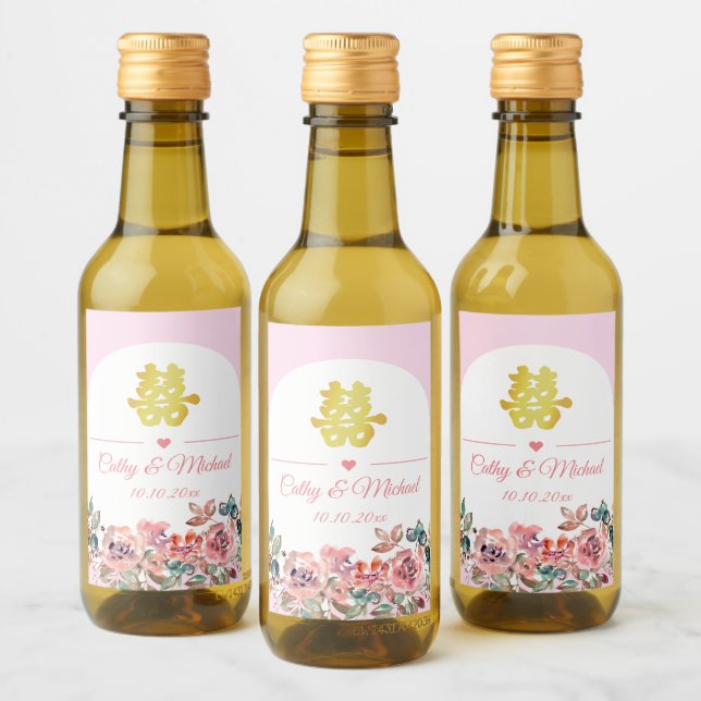 Chinesische Hochzeit in Rosa Weinetikett (Flaschen)