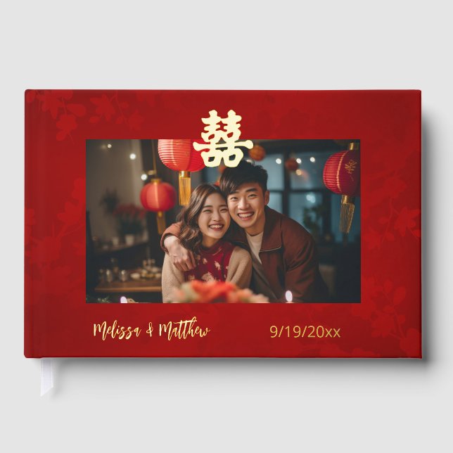 Chinesische Hochzeit in schimmerndem Rotem Foto Gästebuch (Vorderseite)